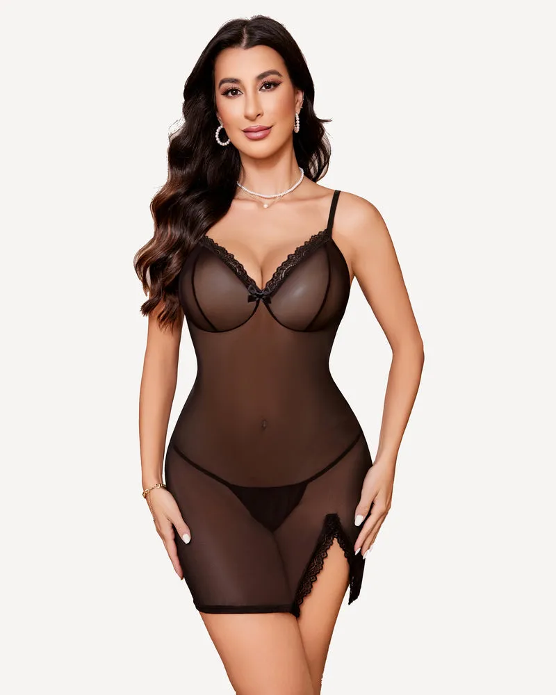 Sheer Lace Side Slit Nightgown