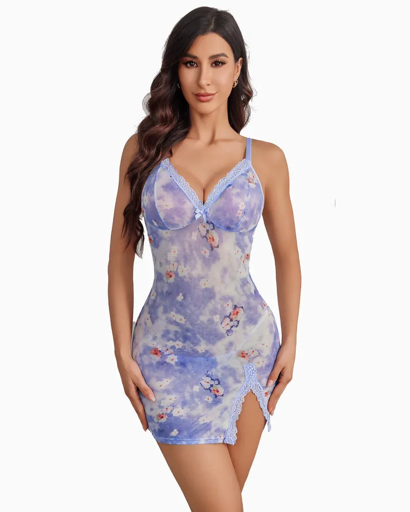 Sheer Lace Side Slit Nightgown