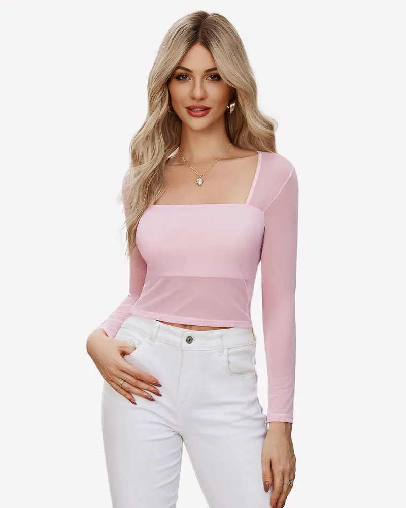 Square Neck Sheer Blouse with Lining