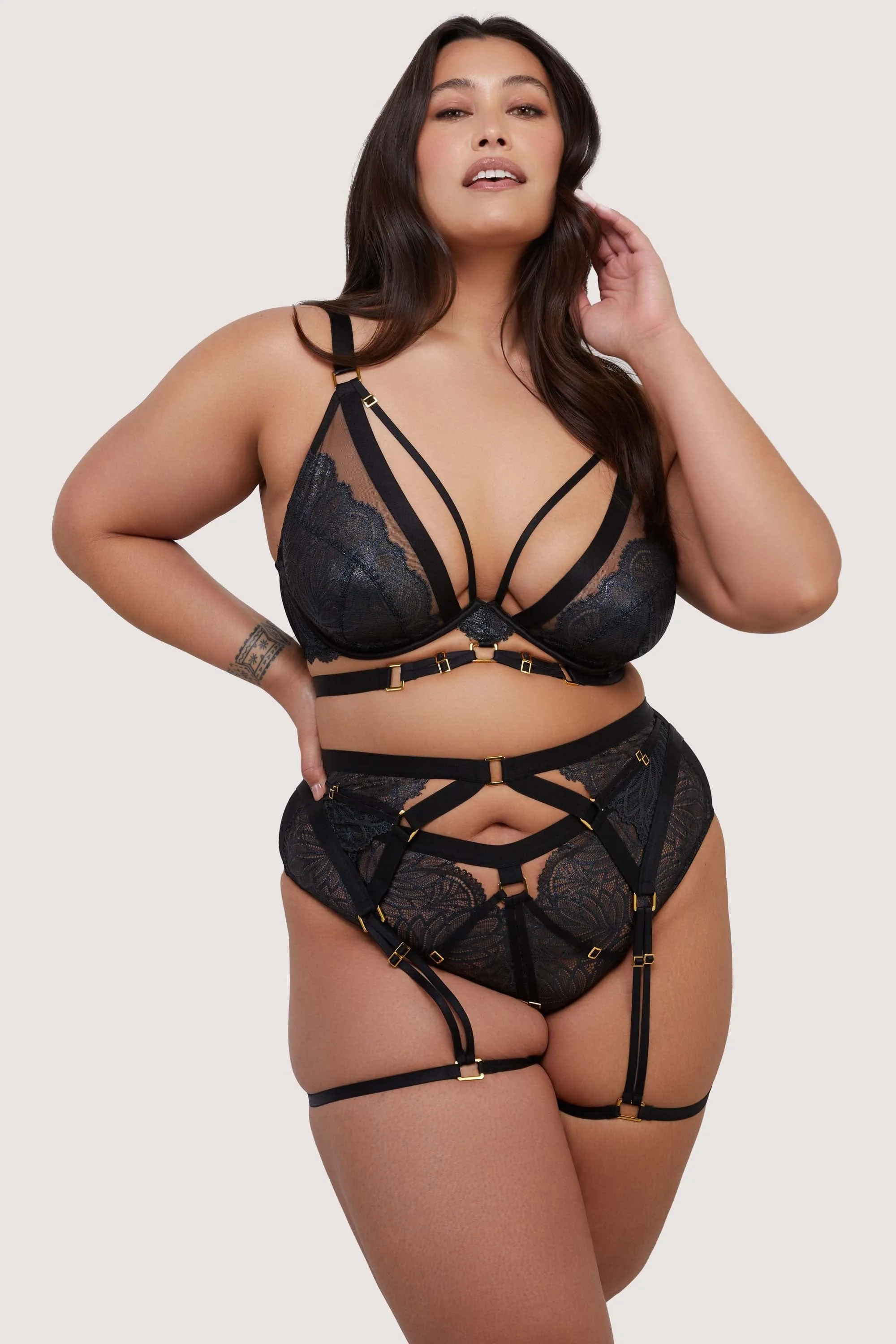 Tabitha Black Wet-Look Lace Harness Suspender