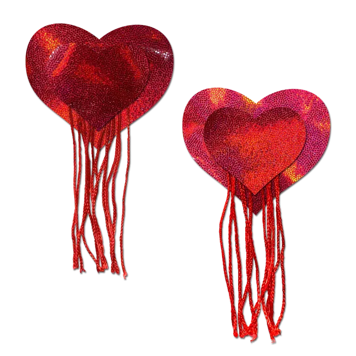 Tassels: Red Holographic Hearts with Tassel Fringe Nipple Pasties