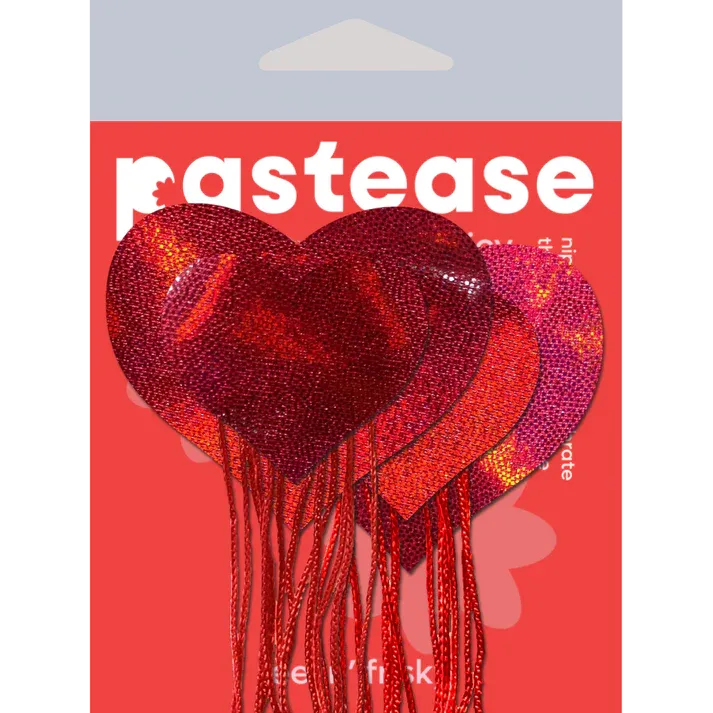 Tassels: Red Holographic Hearts with Tassel Fringe Nipple Pasties