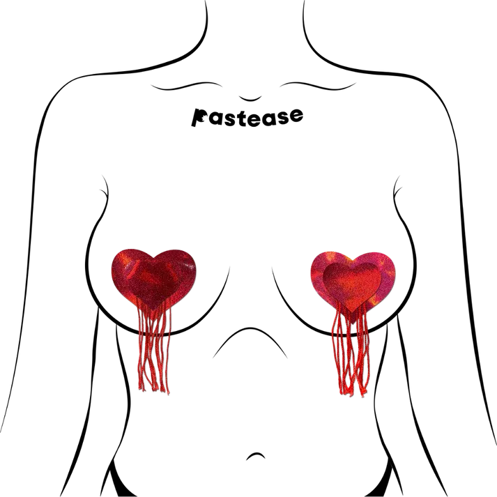 Tassels: Red Holographic Hearts with Tassel Fringe Nipple Pasties