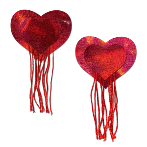 Tassels: Red Holographic Hearts with Tassel Fringe Nipple Pasties