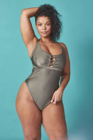 Wolf & Whistle Curve khaki lace up swimsuit