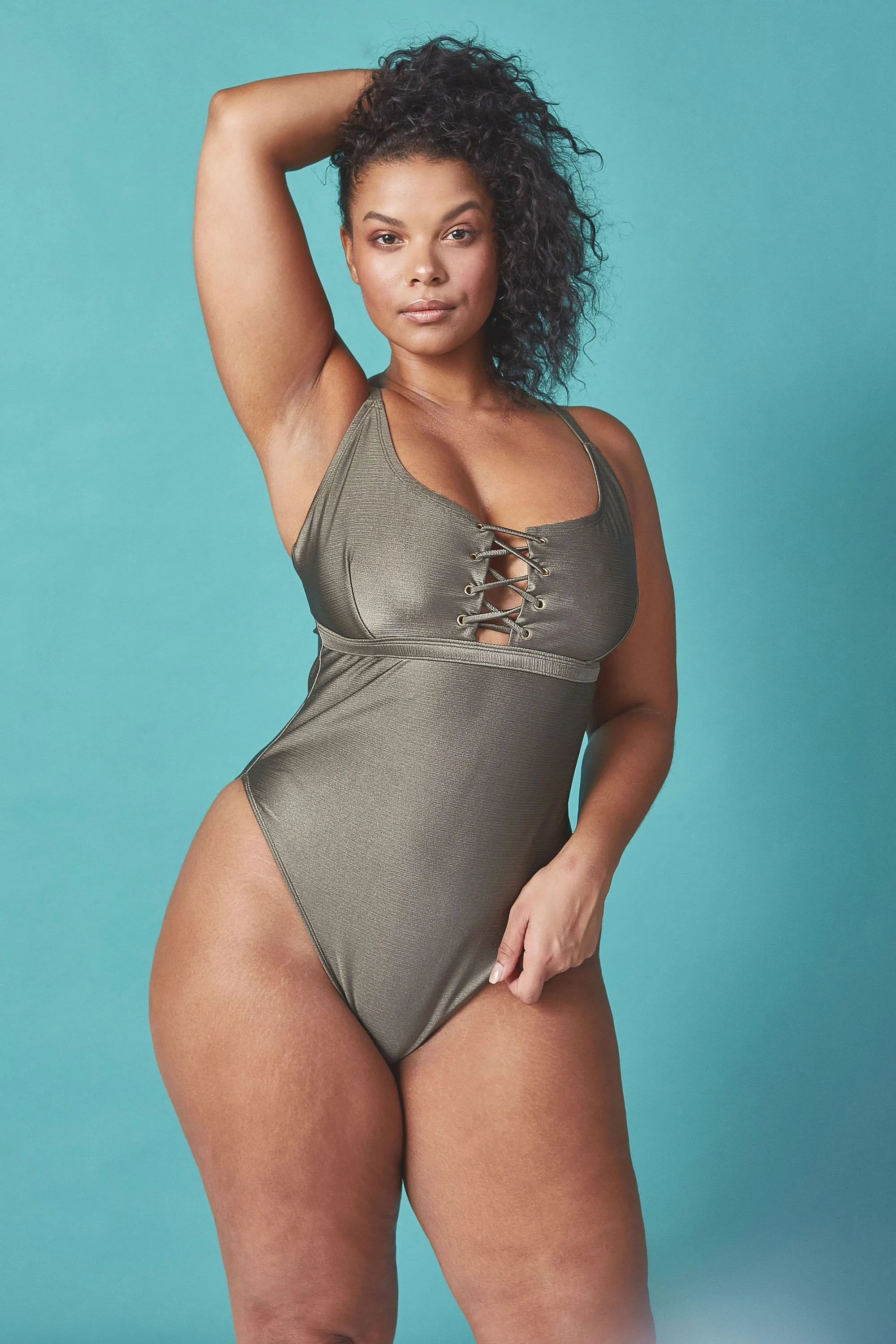 Wolf & Whistle Curve khaki lace up swimsuit