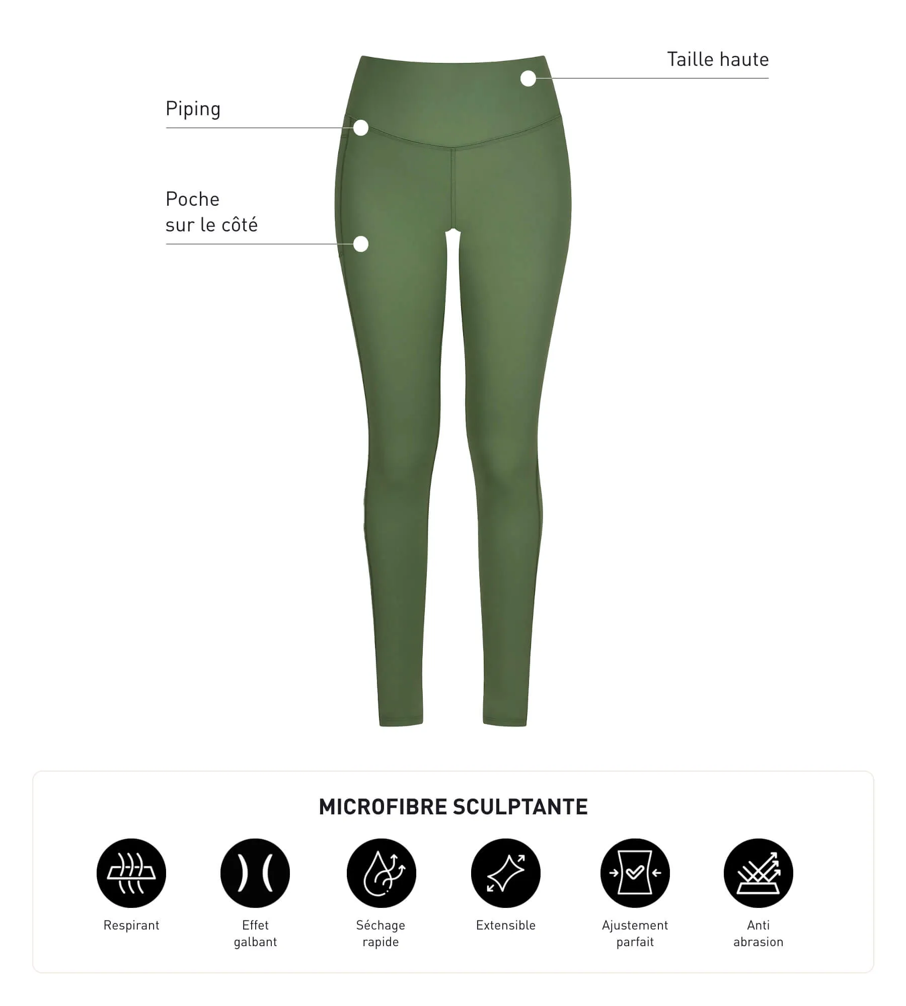 Women's sports leggings in sculpting microfibre Khaki Dim Move